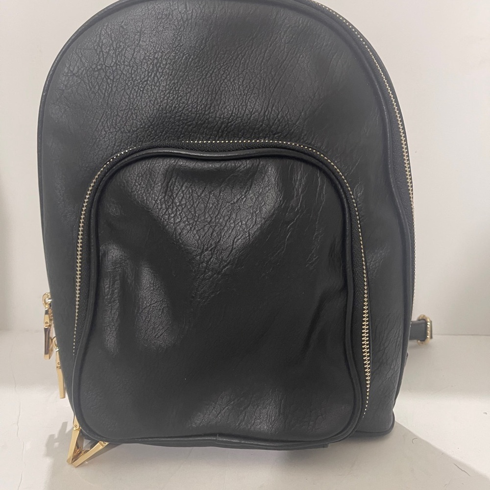 INC International Concepts Black Leather Backpack with Gold Zippers
